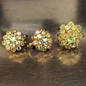 Vintage Peridot & Gold Clip-on Earring & Ring Set, Costume Rhinestone Jewelry